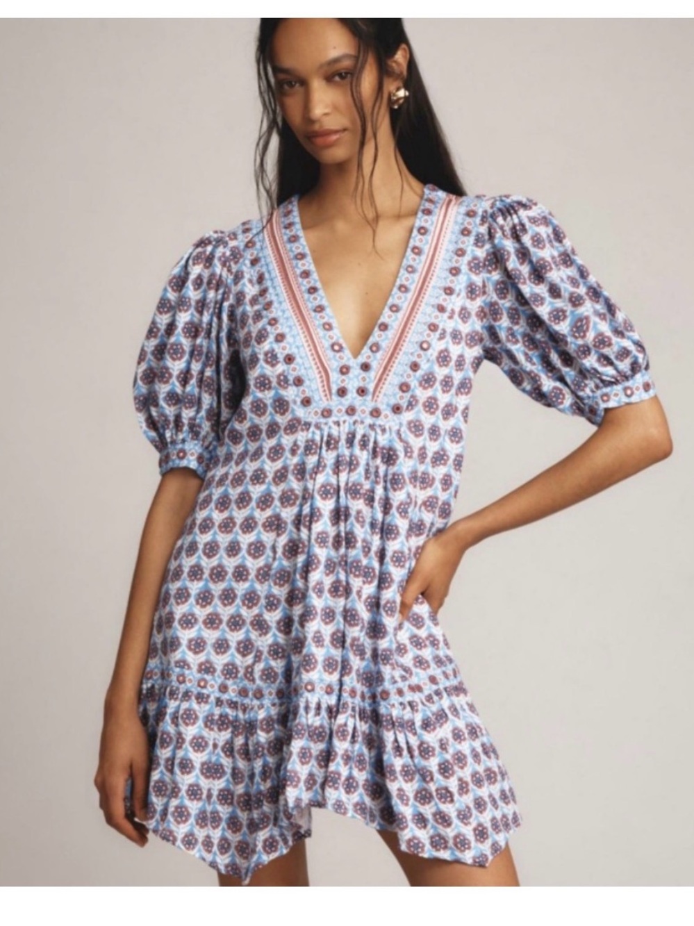 Anthropologie Maeve Light Blue Printed V-Neck Puff Sleeve Tunic - Picture 2 of 6